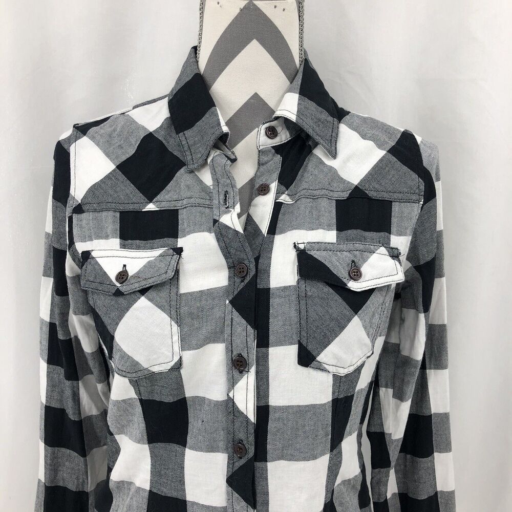 Thread & Supply Button Front Black White Plaid Roll Tab Sleeve Shirt Small